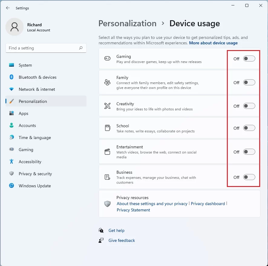 windows 11 personalization device usage