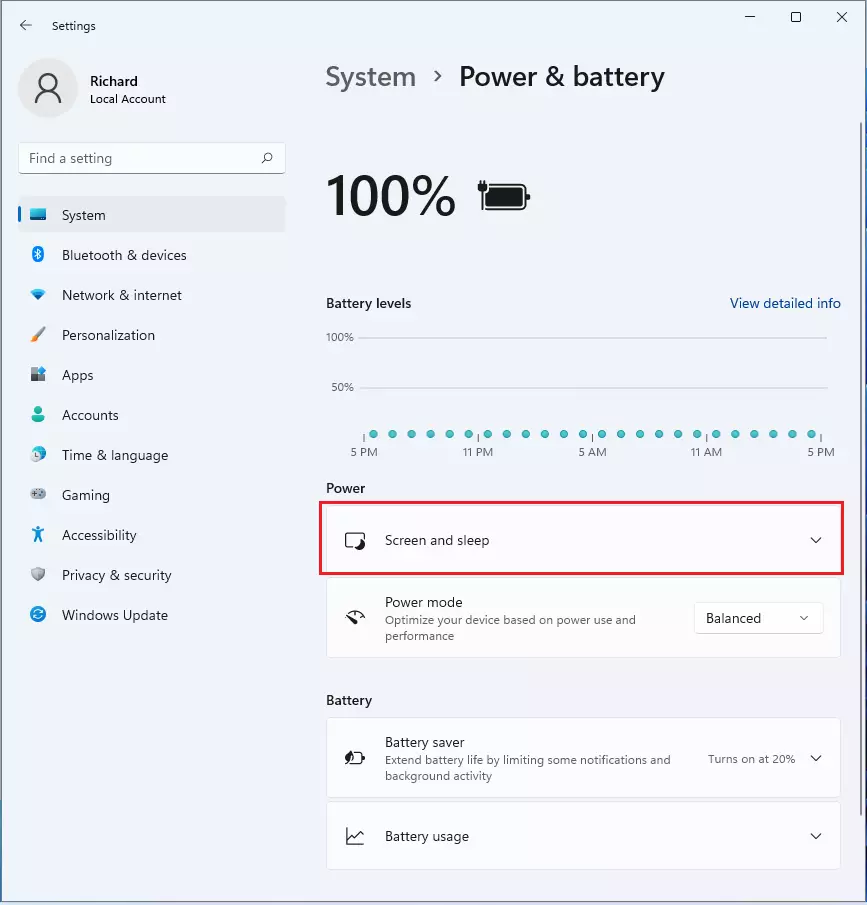windows 11 system power and battery screen and sleep