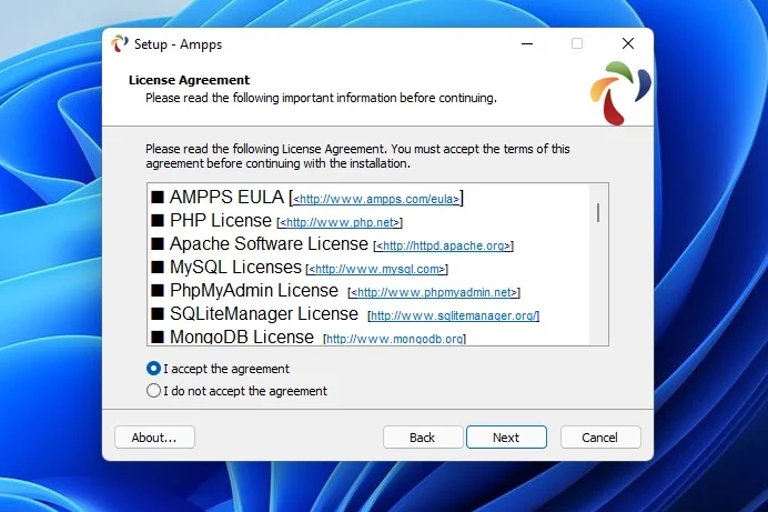 ampps license terms for install windows 11