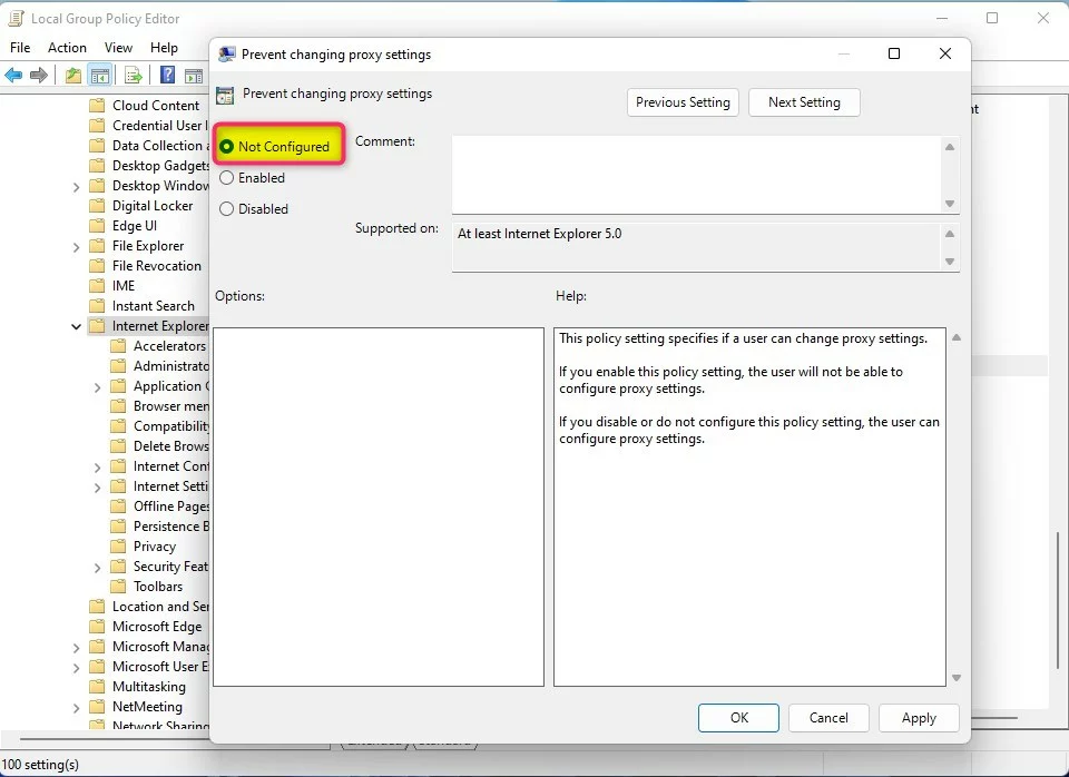 prevent changing proxy settings windows 11 not configured