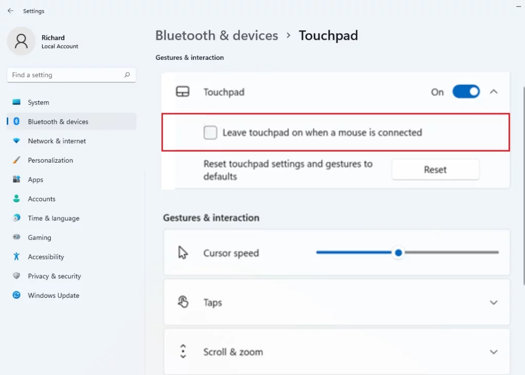 windows 11 leave touchpad on when mouse is connected disable