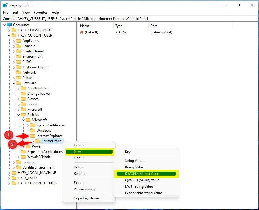 windows 11 registry right click control panel