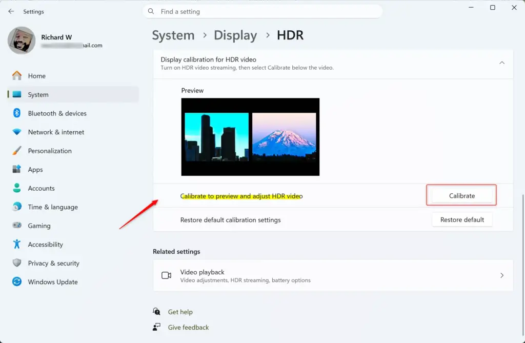 Windows 11 HDR calibration wizard 'Calibrate' button.
