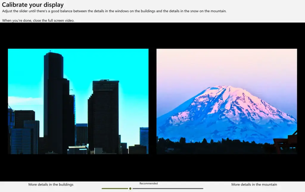 Windows 11 HDR calibration wizard showing display adjustment steps.