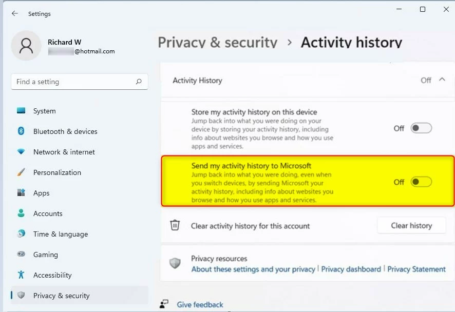 windows 11 disable sending activity history to microsoft