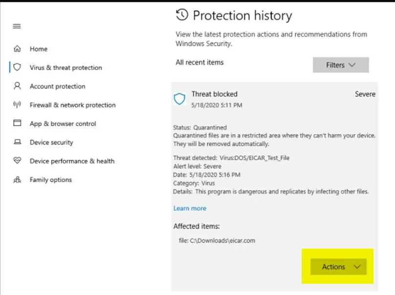 windows 11 protection history actions button