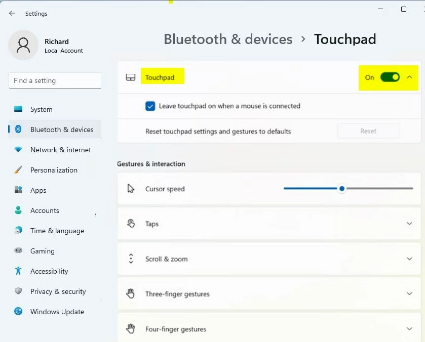 windows 11 reset touchpad and gestures settings