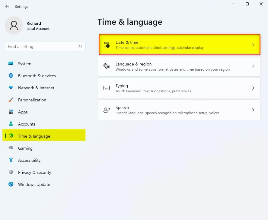 windows 11 time and language date and time