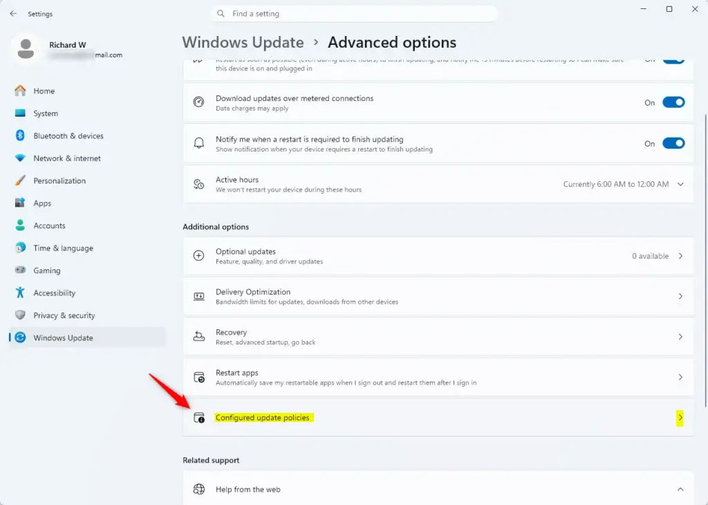 Windows 11 Settings showing configured update policies options.