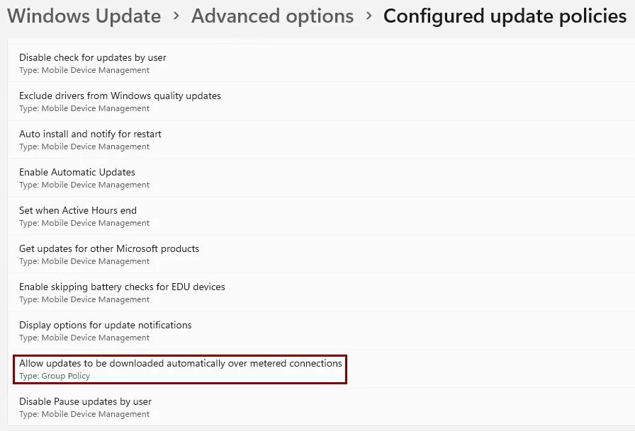 Windows 11 Settings: Allow updates to be managed by policy.