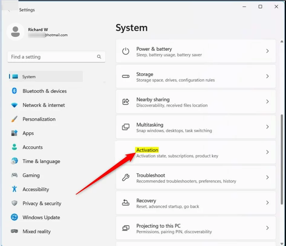 windows 11 activation in system settings app
