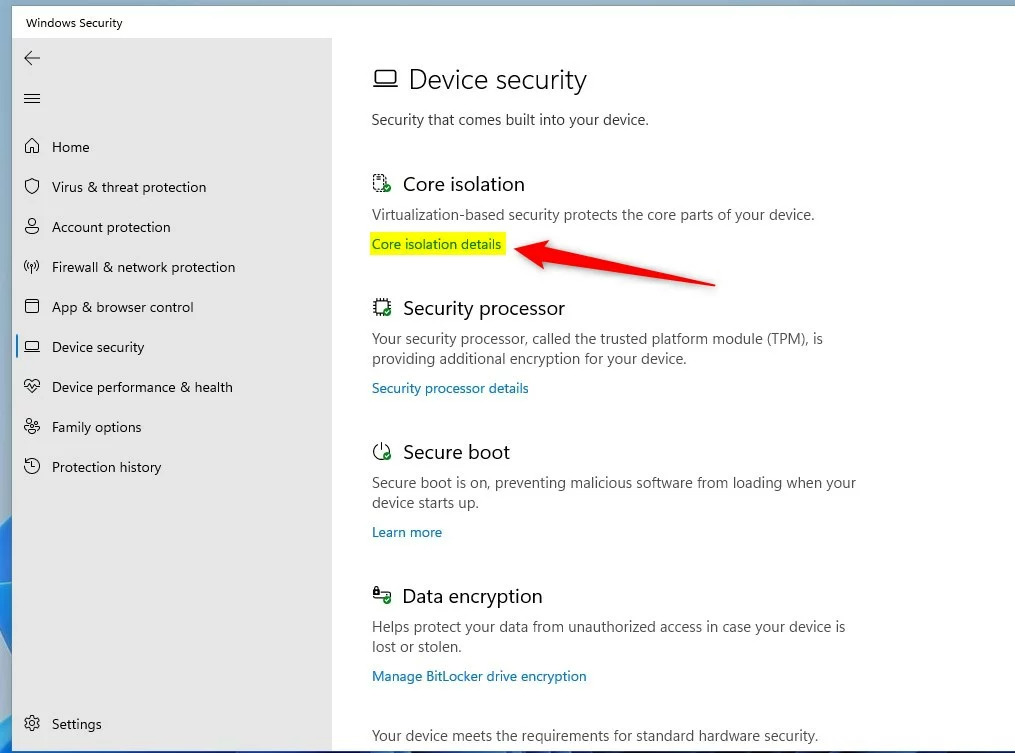 windows 11 core isolation details link