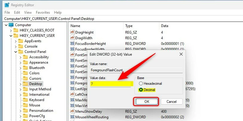 windows 11 edit foreground flash count in registry