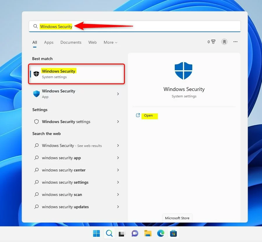 windows 11 search windows security app on start menu