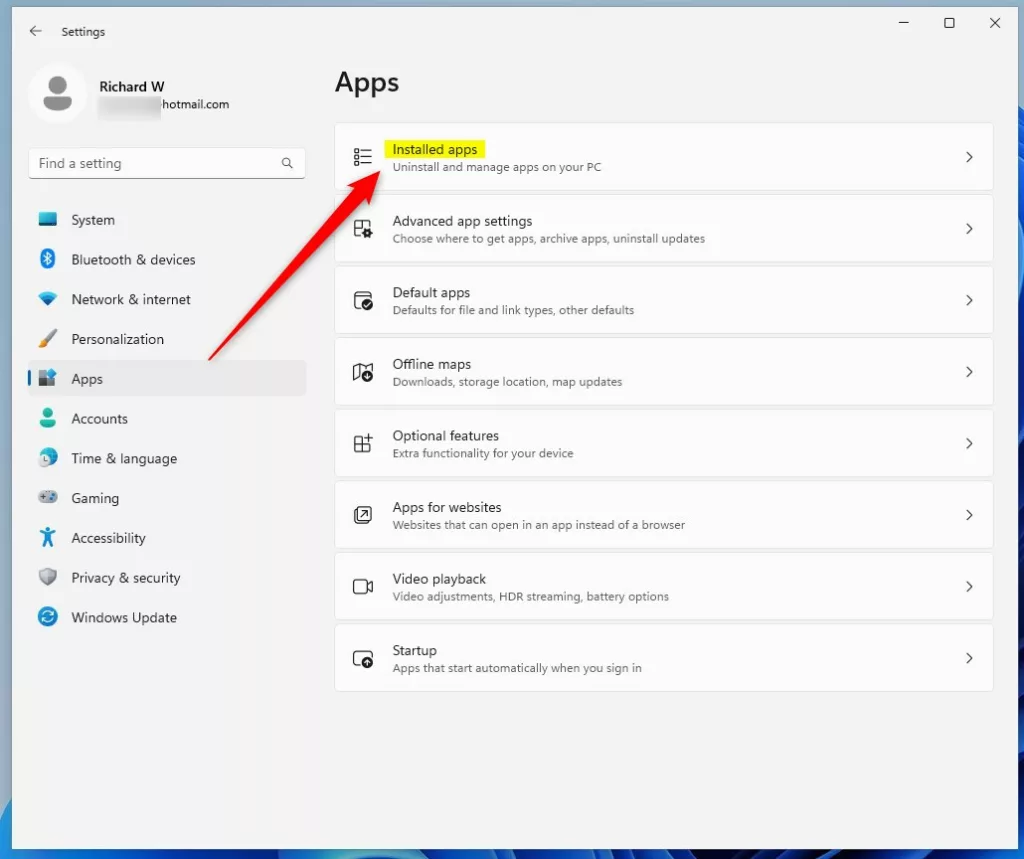 windows 11 settings installed apps