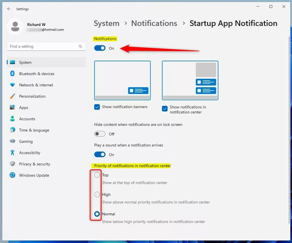 windows 11 startup app notification priority options
