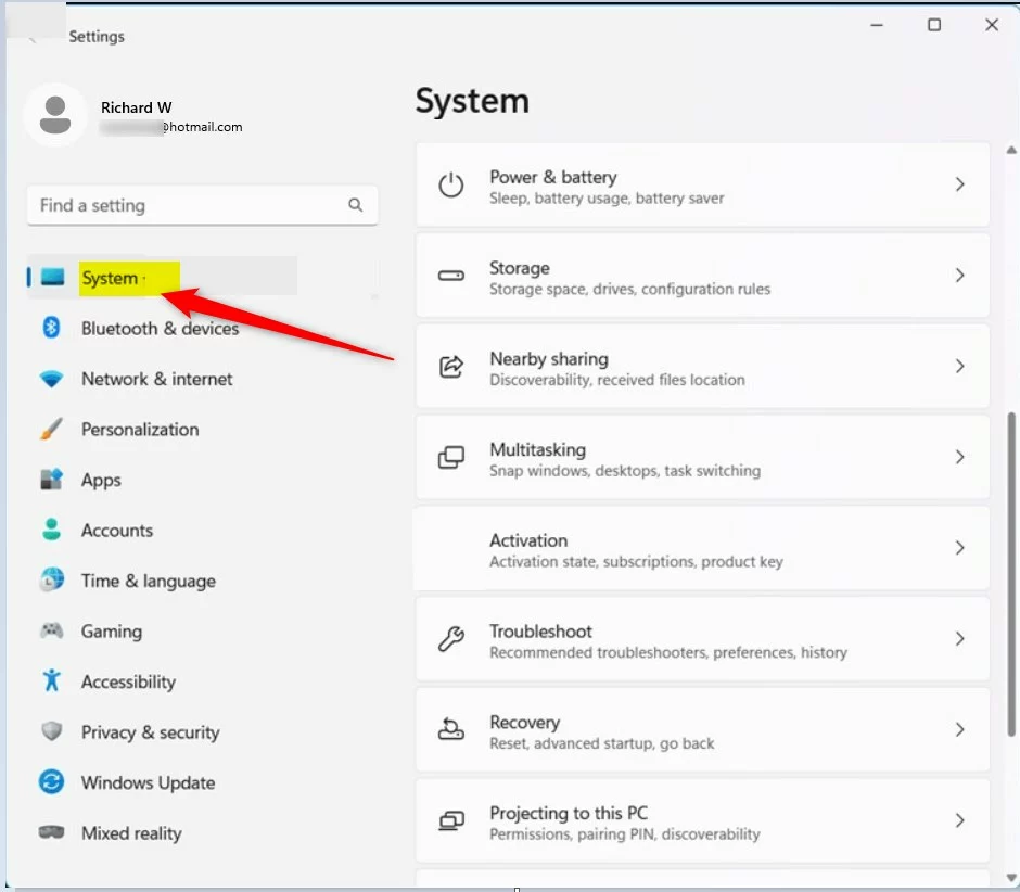 windows 11 system in settings app