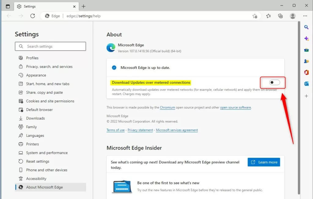 microsoft edge browser get updates on metered connection