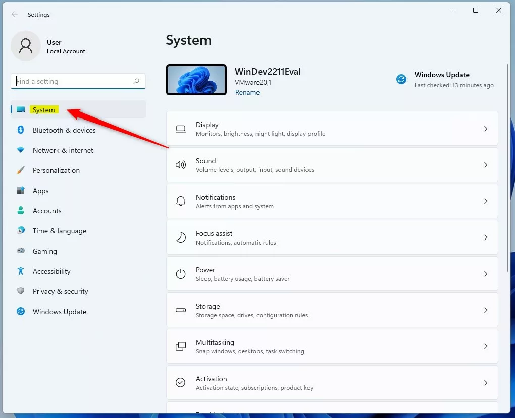 system button in windows settings app