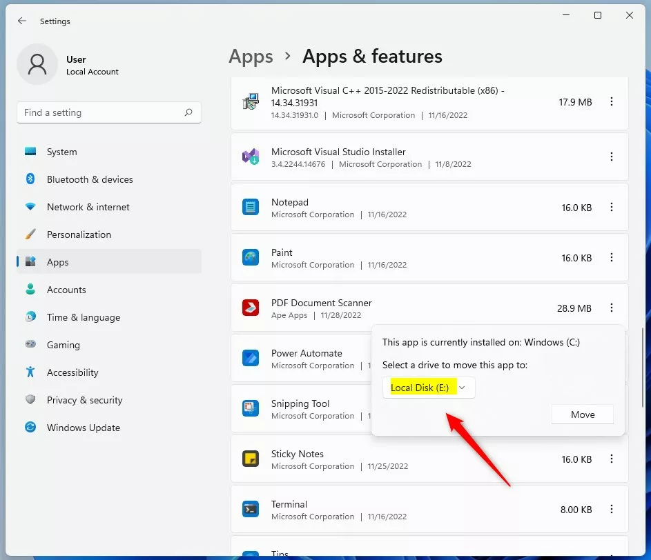 windows 11 app move command to another drive select location