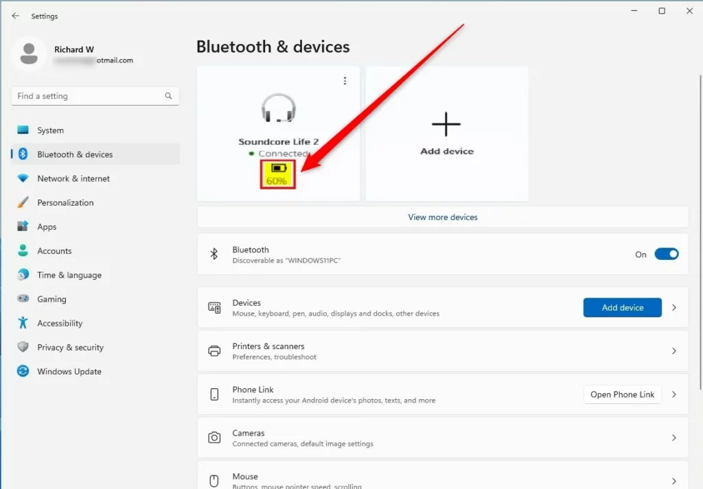 windows 11 bluetooth and devices battery level