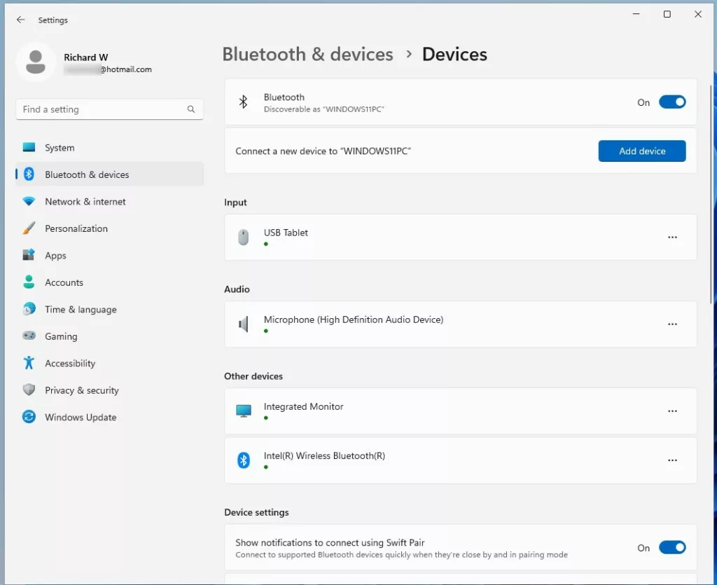 windows 11 bluetooth and devices settings pane