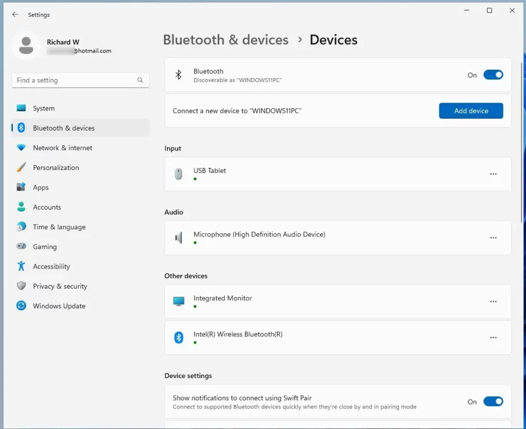 windows 11 bluetooth and devices settings pane