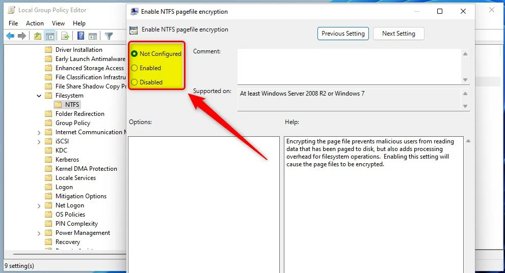windows 11 enable ntfs page file encryption options