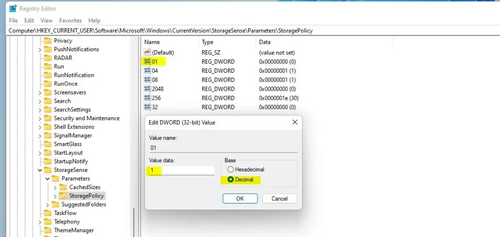 windows 11 enable or disable storage sense via registry