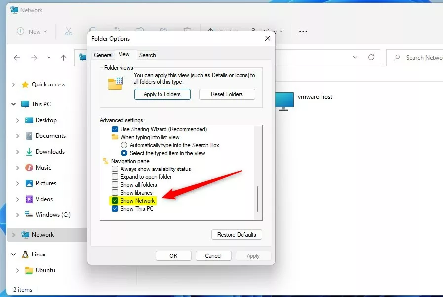 windows 11 file explorer option show or hide network folder