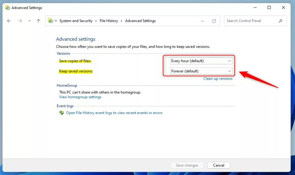 windows 11 file history advanced settings updated