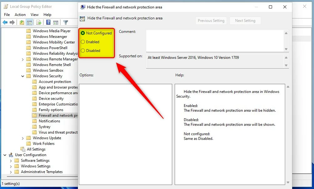 windows 11 hide the firewall and network protection area options
