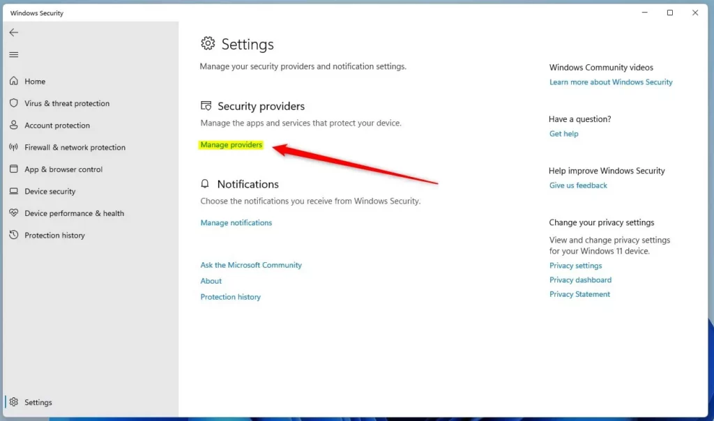 windows 11 manage providers link in windows security