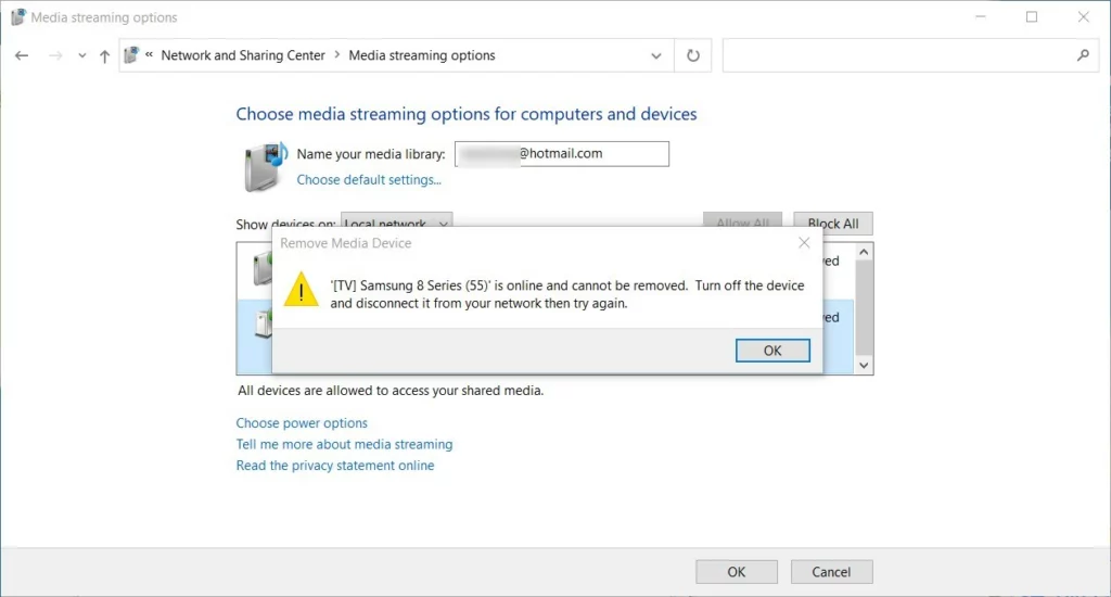 windows 11 media sharing device online while removing