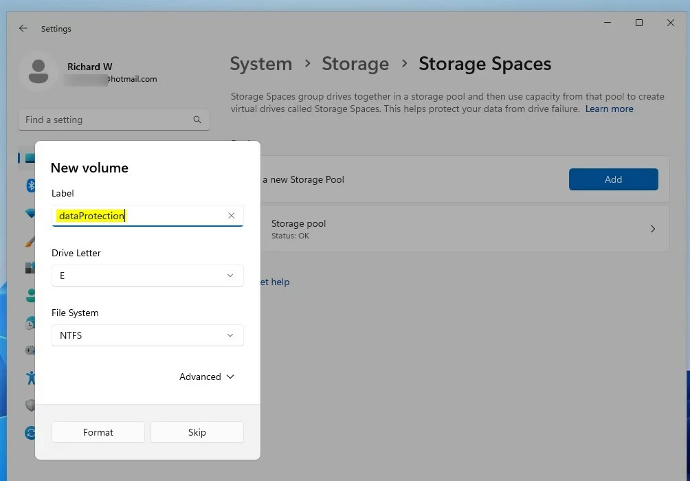 windows 11 new storage space volume format