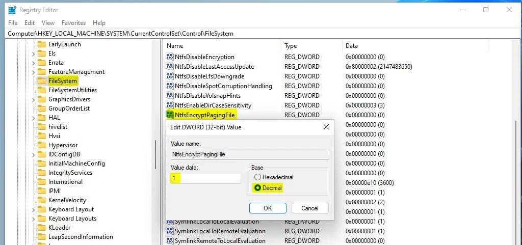 windows 11 ntfs encryption page file registry