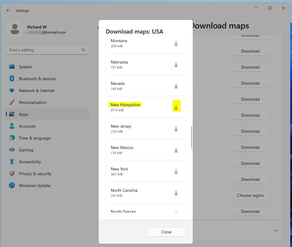 windows 11 offline maps choose region download
