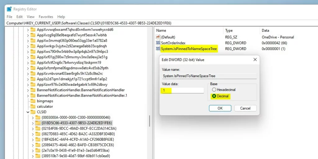 windows 11 onedrive registry value data option