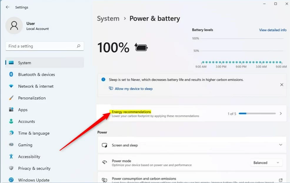 windows 11 power and battery energy recommendations tile