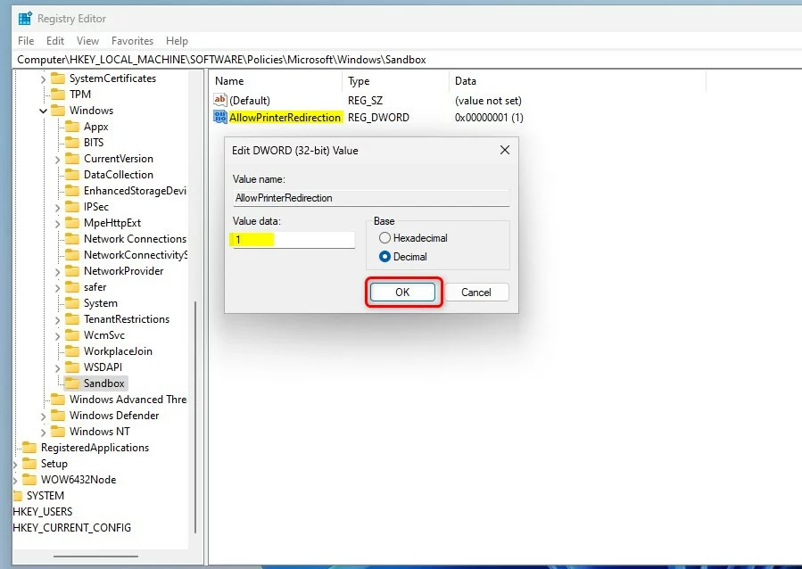 windows 11 registry allow printer redirection