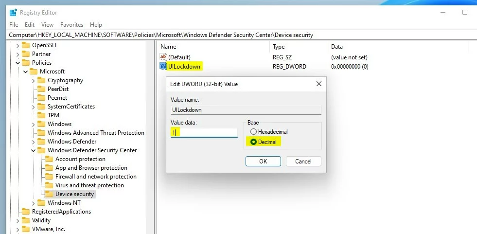 windows 11 registry device security uilockdown value