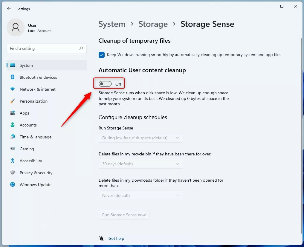 windows 11 storage sense button to enable or disable