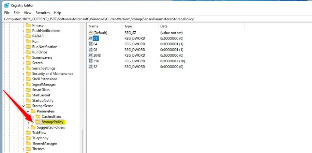 windows 11 storage sense registry key folder