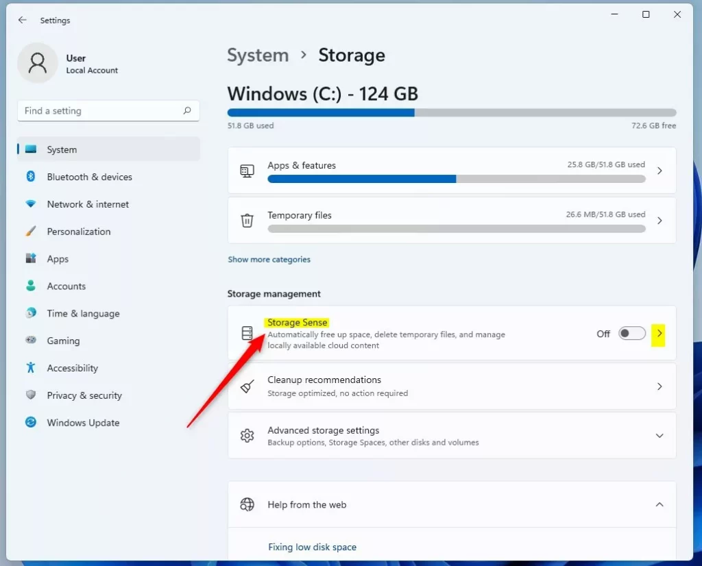 windows 11 storage sense tile in settings app