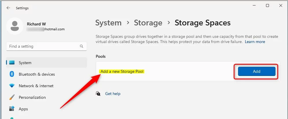 windows 11 storage spaces add new storage pool