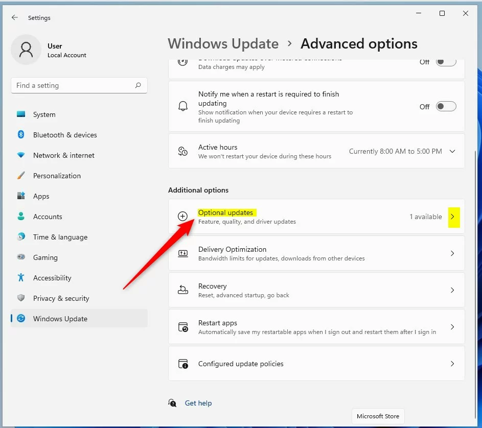 windows 11 windows update advanced options optional updates