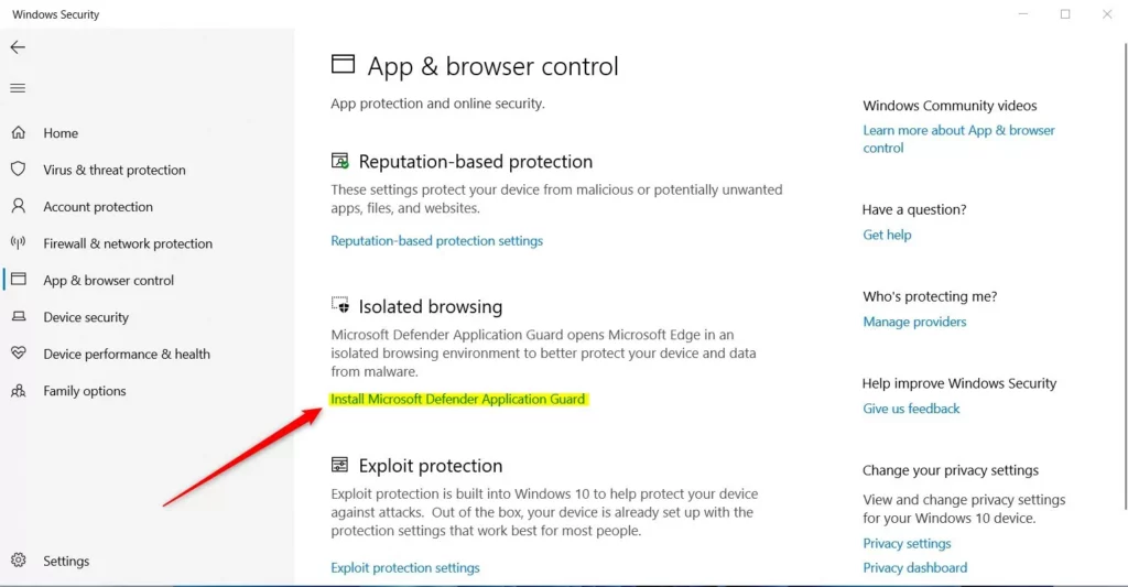 windows security app install microsoft defender application guard