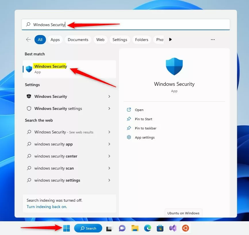 windows security app search on start menu