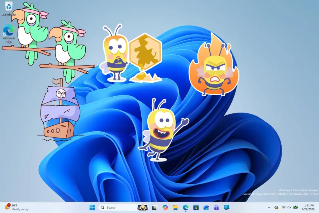 Windows 11 desktop with colorful stickers placed on wallpaper.