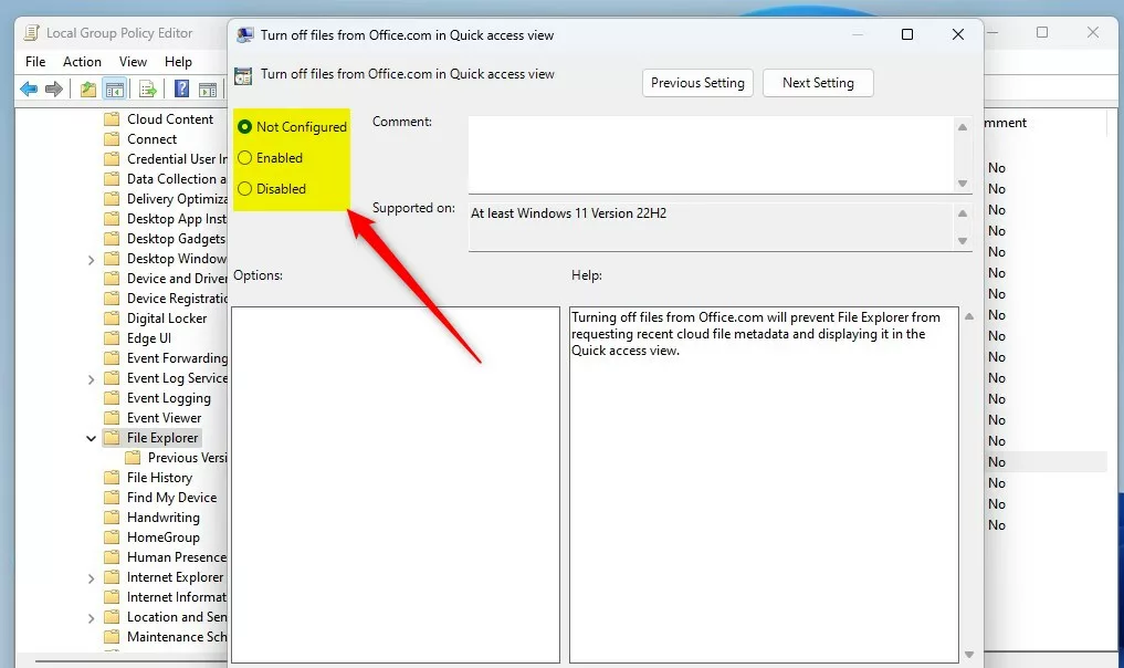 enable or disable show files from office com local group policy options